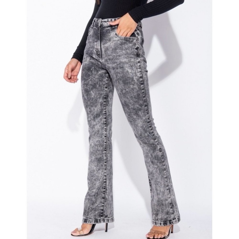 Gray Acid Wash High Waist Skinny Flare Denim Jeans - Picture 2 of 10